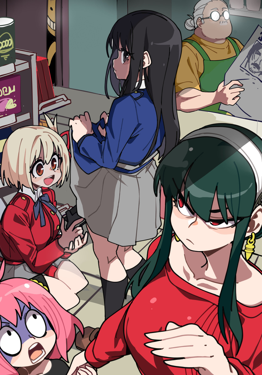 1boy, 4girls, :d, absurdres, ansatsu_kyoushitsu, anya_(spy_x_family), assassin, black_hair