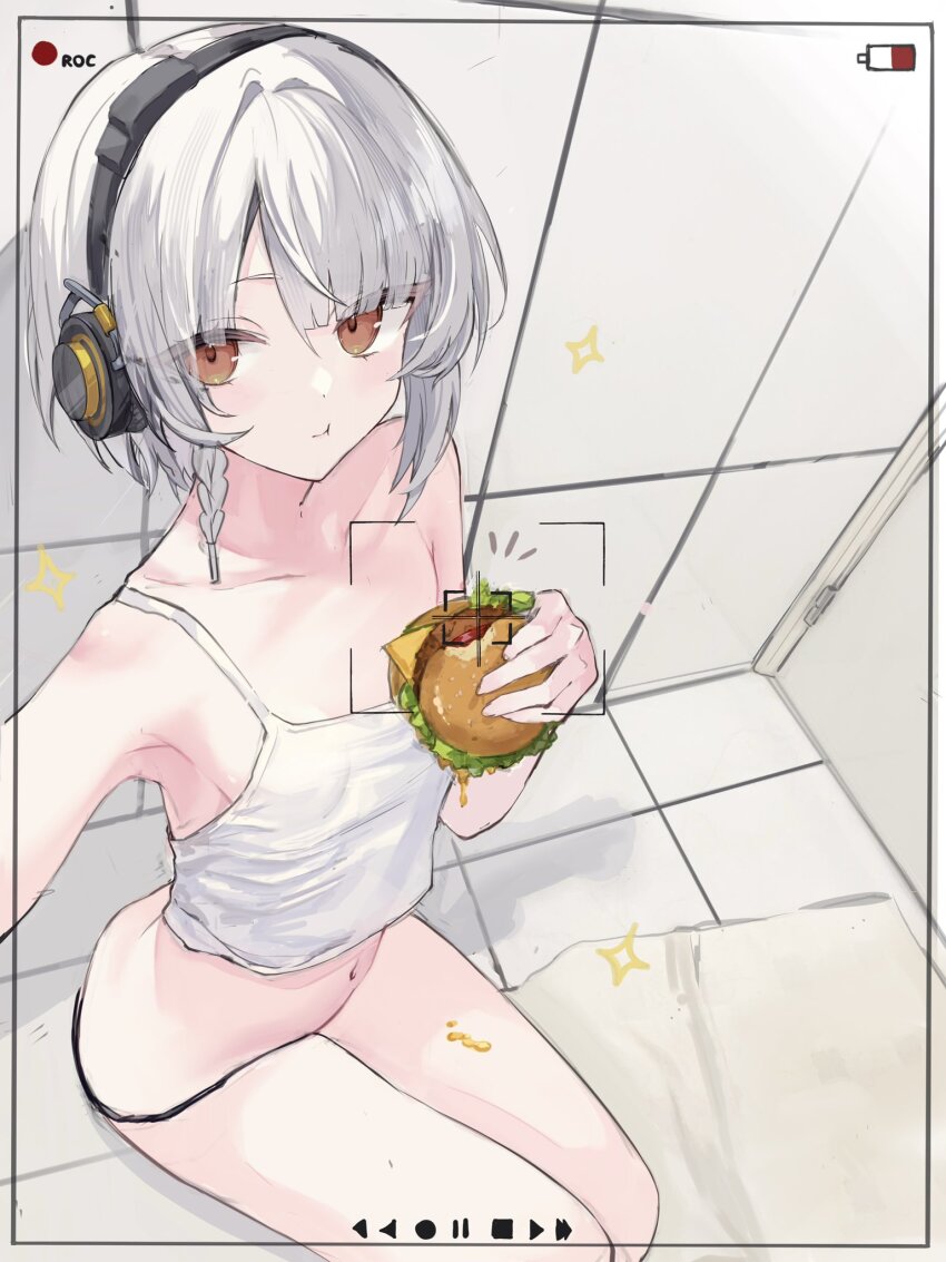 1girl, ame_amean, anby_demara, battery_indicator, black_panties, burger, flat_chest, food, headphones, highres, holding, holding_burger, holding_food, navel, no_pants, panties, recording, shirt, short_hair, solo, sparkle, tagme, underwear, viewfinder, white_hair, white_shirt, zenless_zone_zero