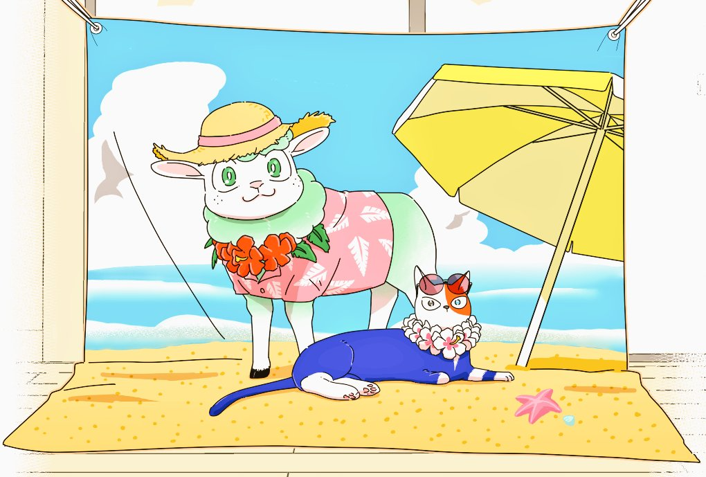 beach_hat, beach_umbrella, betsu_aka2, boku_no_hero_academia, cat, dekusheep, freckles, hawaiian_shirt