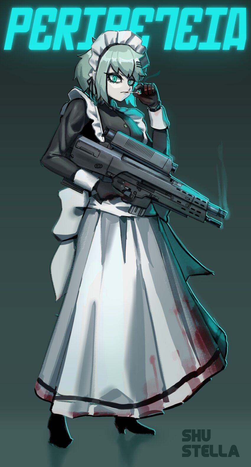 1girl, absurdres, airburst_grenade_launcher, alliant_techsystems, alternate_costume, apron, aqua_background, aqua_eyes
