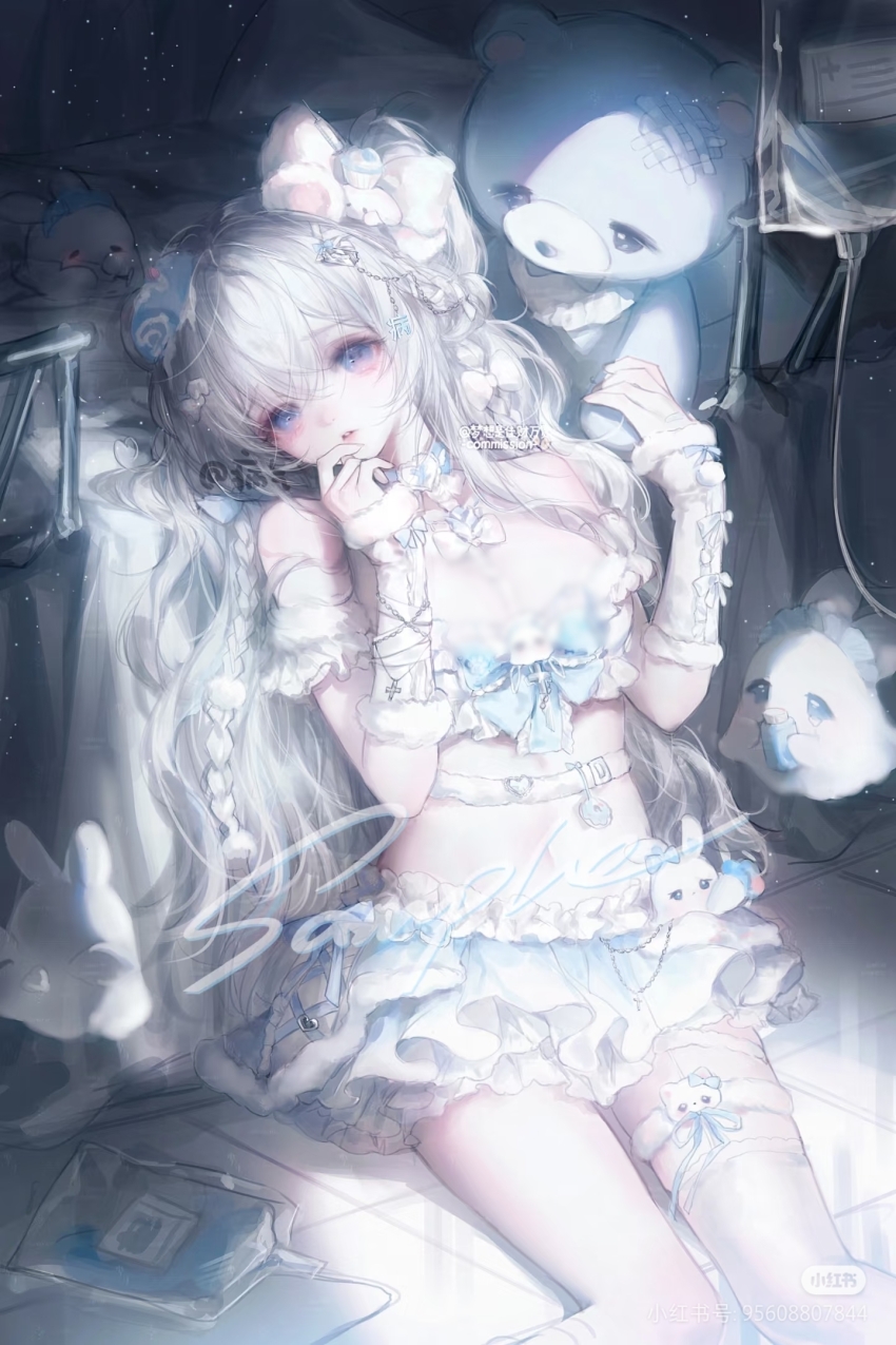 1girl, arm_warmers, artist_request, bare_shoulders, bed, bell, blood, blood_bag