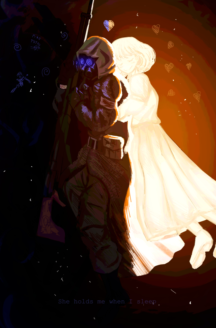 1boy, 1girl, ammunition_pouch, anti-materiel_rifle, bandaged_arm, bandages, black_boots, blood