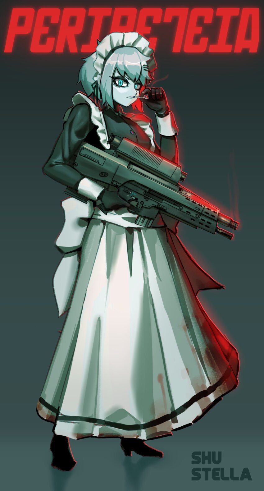 1girl, absurdres, airburst_grenade_launcher, alliant_techsystems, alternate_costume, apron, aqua_background, aqua_eyes