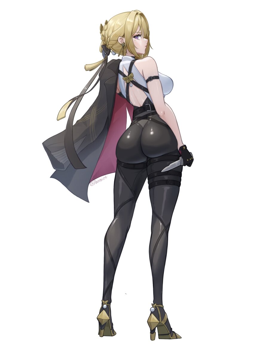 ass, backless_outfit, black_leggings, blonde_hair, boraiolet, dagger, evelyn_chevalier, from_behind, high_heels, highres, holding, holding_dagger, holding_knife, holding_weapon, knife, leggings, looking_back, multiple_thigh_straps, profile, skin_tight, thigh_strap, weapon, white_background, zenless_zone_zero