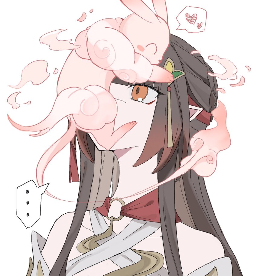 ..., 1girl, animal, animal_on_head, bare_shoulders, brown_hair, commentary_request, dress