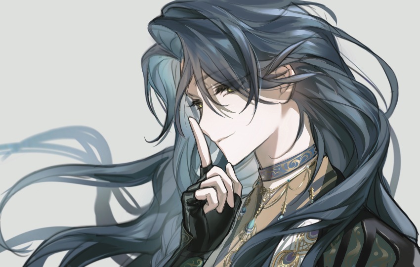 1boy, androgynous, bishounen, black_gloves, blue_hair, braid, choker, code:_kite