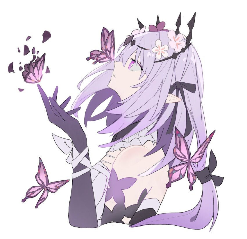 1girl, bright_pupils, bug, butterfly, butterfly_on_nose, castorice_(honkai:_star_rail), commentary, cropped_torso