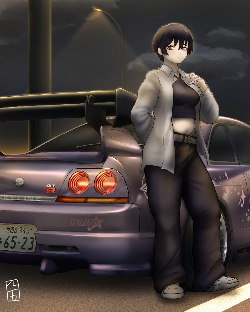 1girl, absurdres, belt, black_hair, black_shirt, breasts, car, cloud