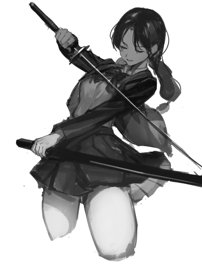 1girl, braid, closed_eyes, fighting_stance, highres, holding, holding_sheath, holding_sword, holding_weapon, kagurabachi, katana, mikeekakiaka2, samura_iori, scabbard, school_uniform, sheath, skirt, solo, sword, thighs, twin_braids, twintails, weapon