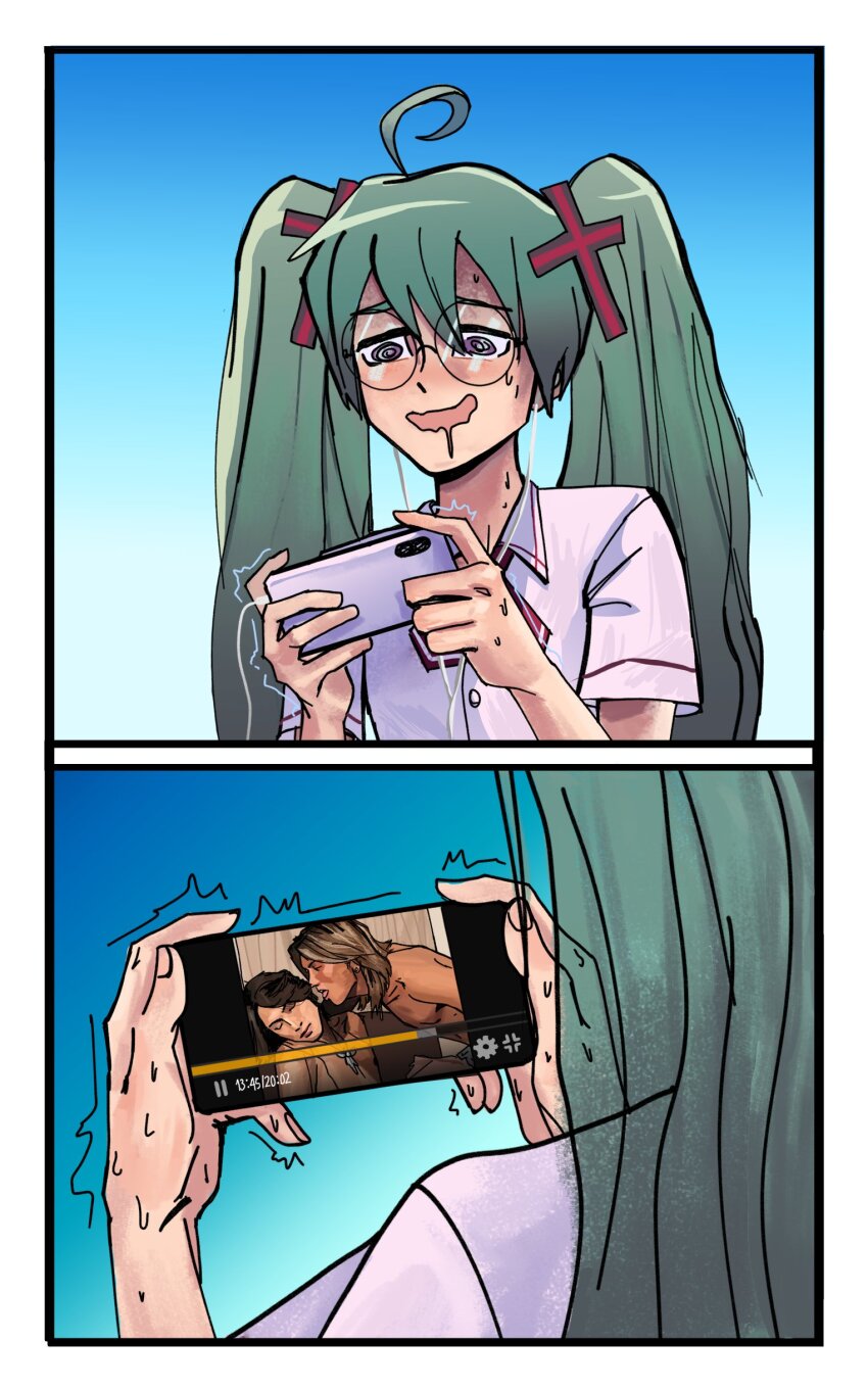 1girl, @_@, absurdres, ahoge, blush, cellphone, collared_shirt, commentary_request, confessions_of_a_rotten_girl_(vocaloid), fujoshi, glasses, go_(inmu), green_hair, hair_between_eyes, hatsune_miku, highres, holding, long_hair, manatsu_no_yo_no_inmu, mirela_ikik, open_mouth, phone, pornography, purple_eyes, shirt, smartphone, smile, trembling, twintails, upper_body, very_long_hair, vocaloid, yaoi_(object)