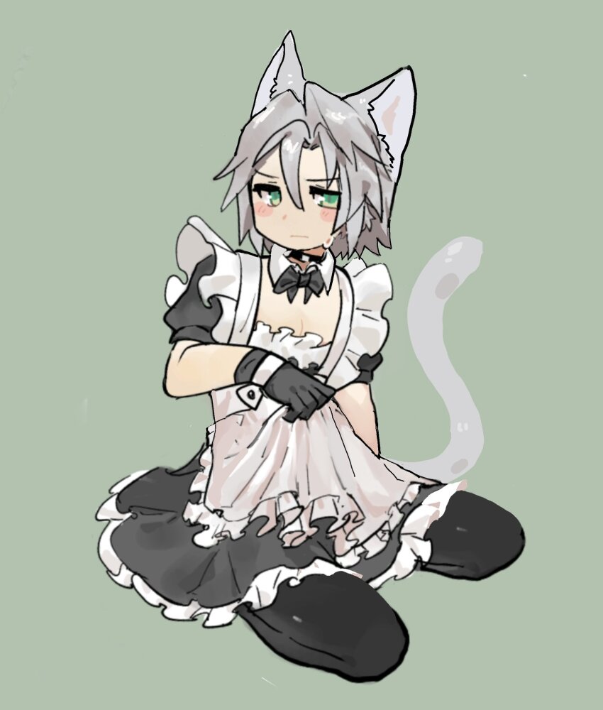 1boy, alternate_costume, animal_ears, apron, black_bow, black_bowtie, black_collar, black_dress, black_gloves, black_leggings, blush_stickers, bow, bowtie, cat_boy, cat_ears, cat_tail, clothes_grab, collar, commentary_request, crossdressing, crossdressing_(mtf), detached_collar, dress, embarrassed, final_fantasy, final_fantasy_vii, final_fantasy_vii:_ever_crisis, frilled_apron, frilled_dress, frills, full_body, gloves, green_background, green_eyes, grey_hair, hair_intakes, hand_up, hattouissenbaka, highres, kemonomimi_mode, kneeling, leggings, maid, maid_apron, male_focus, male_maid, medium_hair, parted_bangs, puffy_short_sleeves, puffy_sleeves, sephiroth, sephiroth_(ever_crisis), short_sleeves, simple_background, sitting, slit_pupils, solo, tail, white_apron, wing_collar