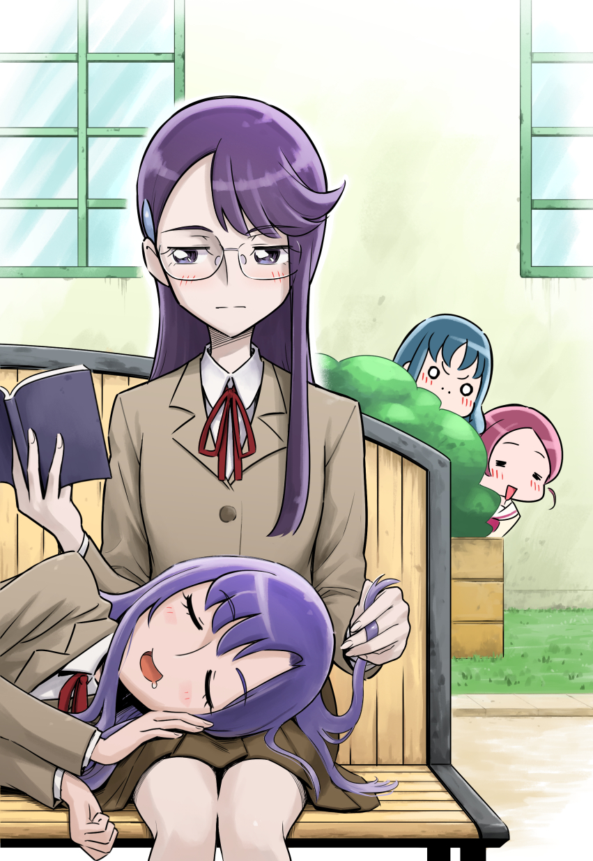 4girls, bench, blazer, blue_hair, blush, book, bow, bowtie