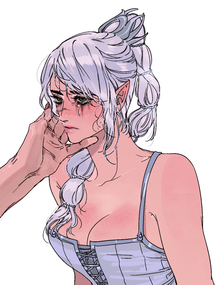 1girl, baldur's_gate, baldur's_gate_3, bare_shoulders, breasts, cleavage, collarbone, crying