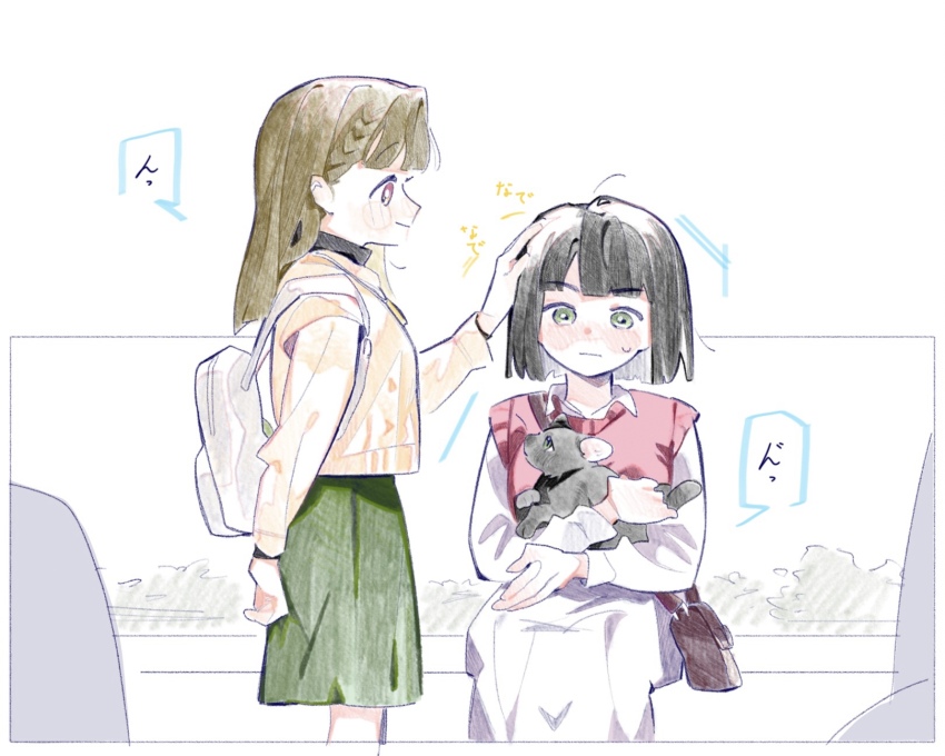 2girls, animal, backpack, bag, black_bow, black_cat, black_hair, blunt_bangs