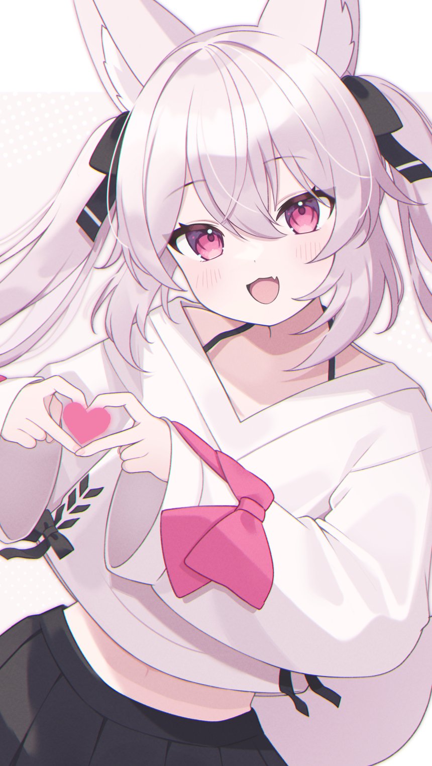 1girl, :d, animal_ear_fluff, animal_ears, black_bow, black_ribbon, black_skirt, blush