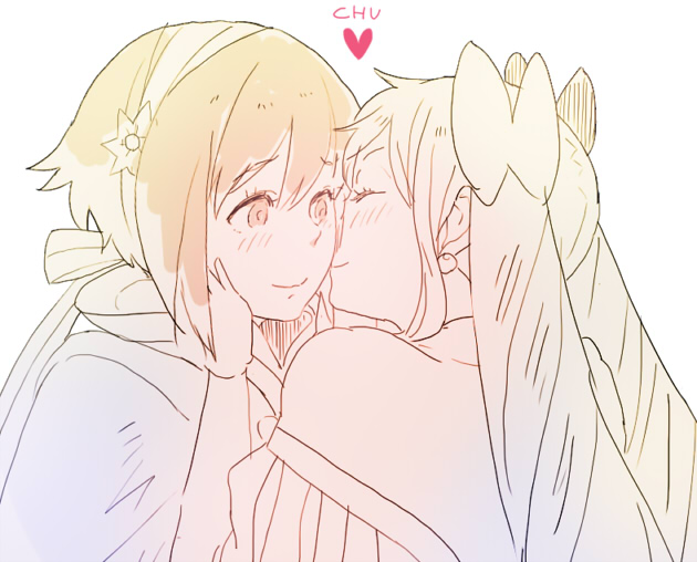 2girls, bow, closed_eyes, closed_mouth, earrings, elise_(fire_emblem), fire_emblem, fire_emblem_fates, hair_bow, hairband, jewelry, kiss, looking_at_another, multiple_girls, nintendo, saito_(nezumiiro), sakura_(fire_emblem), twintails, yuri