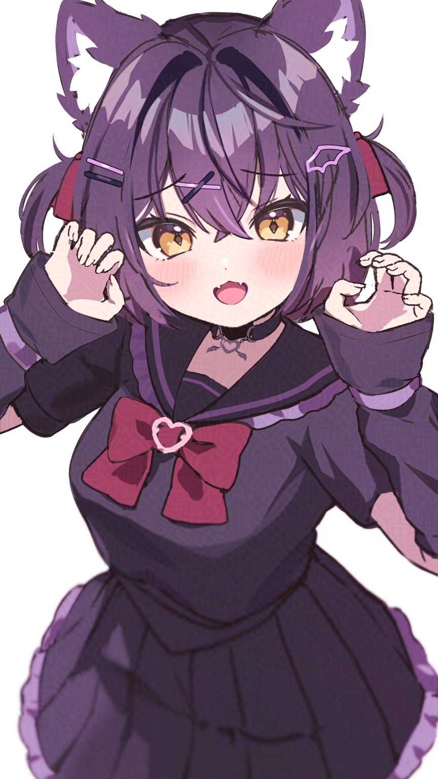 1girl, :d, animal_ear_fluff, animal_ears, arm_warmers, belt_collar, black_choker, black_collar, black_sailor_collar, black_skirt, blush, bow, bowtie, breasts, brooch, cat_ears, cat_girl, chocolat_(vrchat), choker, claw_pose, collar, cowboy_shot, detached_sleeves, dot_nose, dress, fang, fangs, frilled_sailor_collar, frilled_skirt, frills, hair_between_eyes, hair_intakes, hair_ornament, hair_ribbon, hairclip, hands_up, heart, highres, jewelry, long_sleeves, looking_at_viewer, medium_breasts, medium_hair, momokari, open_mouth, orange_eyes, paw_pose, pleated_skirt, purple_dress, purple_hair, purple_sailor_collar, purple_serafuku, purple_shirt, purple_skirt, red_bow, red_bowtie, red_ribbon, ribbon, sailor_collar, sailor_dress, school_uniform, serafuku, shirt, short_hair, short_sleeves, simple_background, skin_fang, skin_fangs, skirt, sleeves_past_wrists, smile, solo, two_side_up, vrchat, white_background, wing_hair_ornament, x_hair_ornament, yellow_eyes