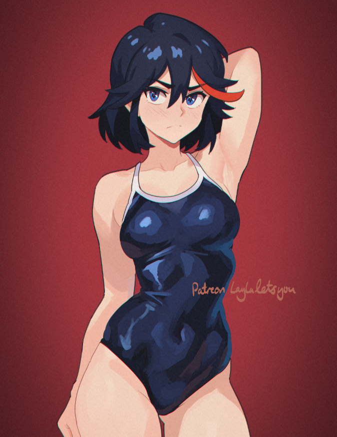 1girl, arm_behind_head, arm_up, armpits, artist_name, bare_shoulders, black_hair, blue_eyes, blue_one-piece_swimsuit, breasts, closed_mouth, collarbone, covered_navel, cowboy_shot, frown, hair_between_eyes, kill_la_kill, large_breasts, laylaletsyou, light_blush, matoi_ryuuko, multicolored_hair, one-piece_swimsuit, patreon_username, presenting_armpit, red_background, red_hair, simple_background, solo, standing, streaked_hair, swimsuit, thighs, two-tone_hair