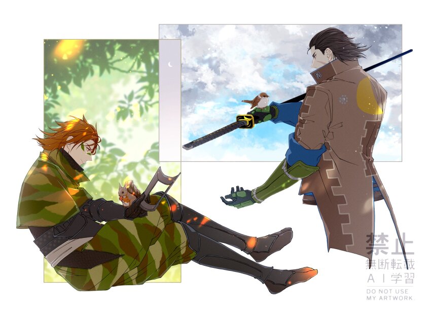 2boys, :|, bird, black_gloves, brown_coat, brown_eyes, brown_hair, camouflage