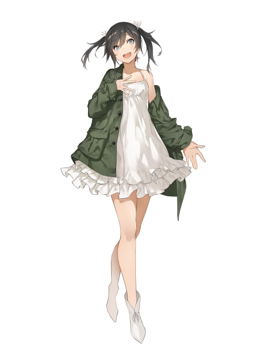 1girl, arm_at_side, bare_legs, black_hair, boots, crossed_legs, double-parted_bangs, dress