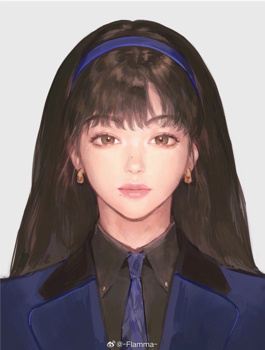 1girl, black_hair, flamma_(immortalemignis), formal_clothes, hairband, headset, highres, id_photo_guidelines_(meme)