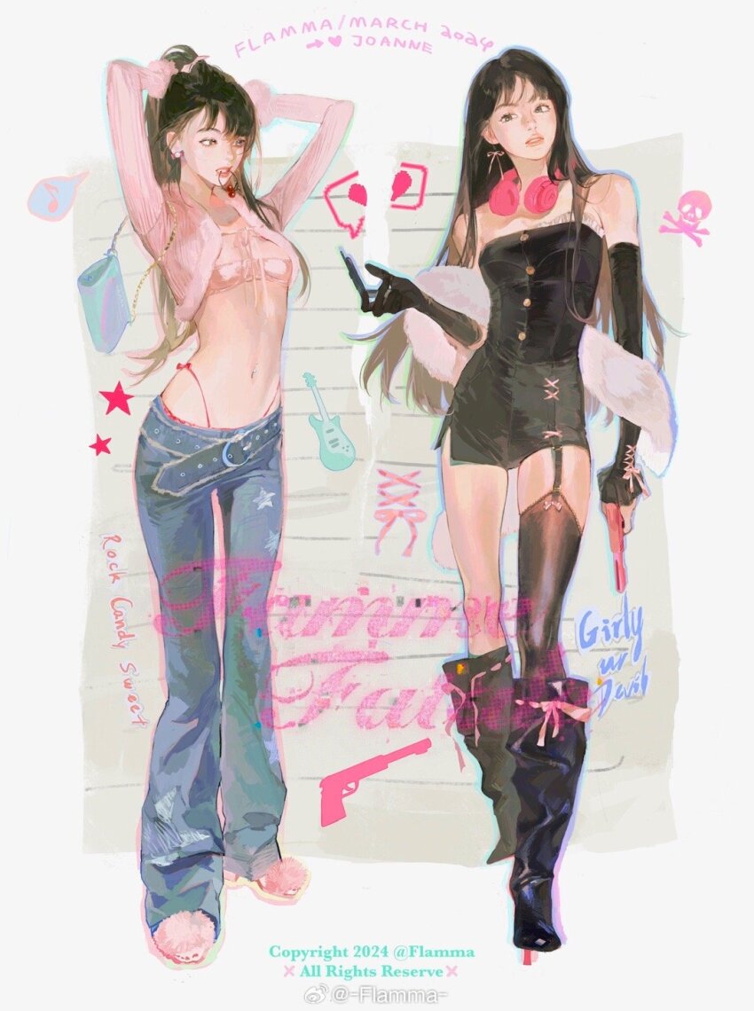 black_hair, blush, casual, fashion, flamma_(immortalemignis), full_body, hair_ornament, highres, long_hair, navel, original, simple_background, thighhighs, y2k_fashion