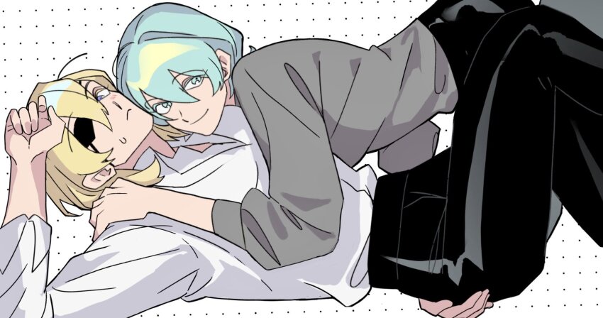 2boys, arm_around_another's_waist, black_pants, blonde_hair, blue_eyes, closed_mouth, collared_shirt, commentary_request