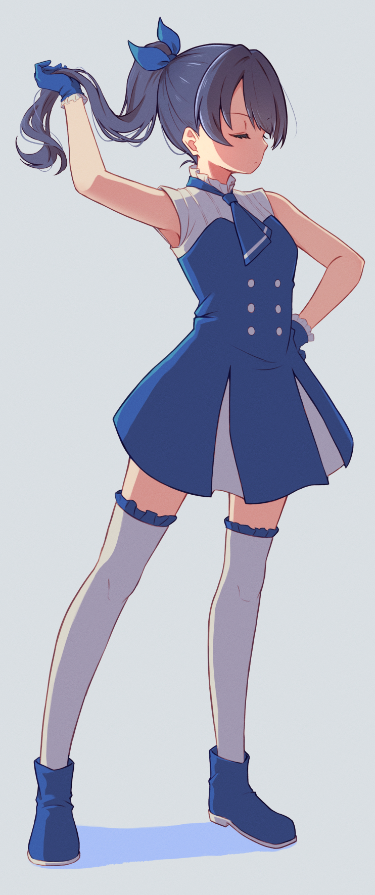 1girl, 3rd_live_tour_try_tri_unity!!!, armpits, blue_boots, blue_dress, blue_hair, blue_necktie, boots, closed_eyes, commentary_request, dress, frilled_thighhighs, frills, full_body, grey_background, high_ponytail, highres, holding, holding_own_hair, link!_like!_love_live!, long_hair, love_live!, macken666, murano_sayaka, necktie, nonaka_kokona, official_alternate_costume, photo-referenced, pleated_dress, ponytail, profile, proof_(love_live!), short_dress, simple_background, sleeveless, sleeveless_dress, solo, standing, thighhighs, virtual_youtuber, voice_actor_connection, white_thighhighs