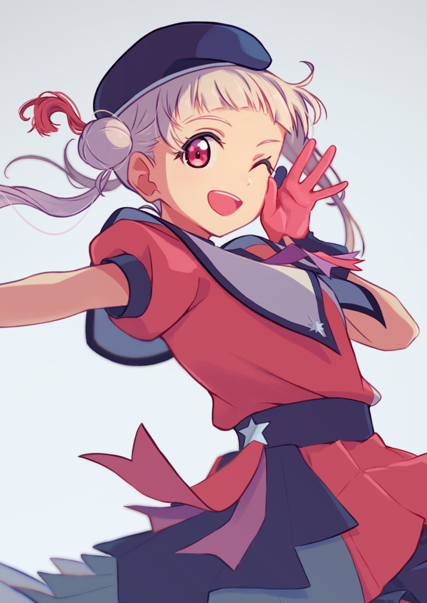 1girl, ;d, arashi_chisato, beret, birthday, black_hat, border, breasts, commentary, cowboy_shot, cropped, double_bun, dress, floating_hair, gloves, grey_background, hair_bun, hat, highres, long_hair, looking_at_viewer, love_live!, love_live!_superstar!!, macken666, one_eye_closed, open_mouth, pink_border, puffy_short_sleeves, puffy_sleeves, red_dress, red_eyes, red_gloves, short_dress, short_sleeves, simple_background, small_breasts, smile, solo, star_(symbol), superstar!!_(love_live!), twintails, white_hair