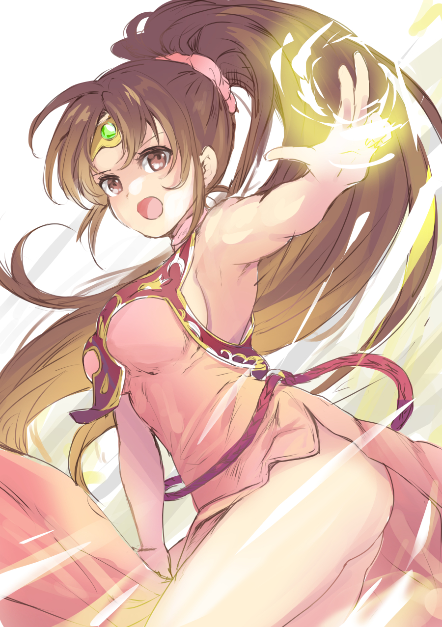armpits, ass, attack, breasts, brown_eyes, brown_hair, choker, circlet