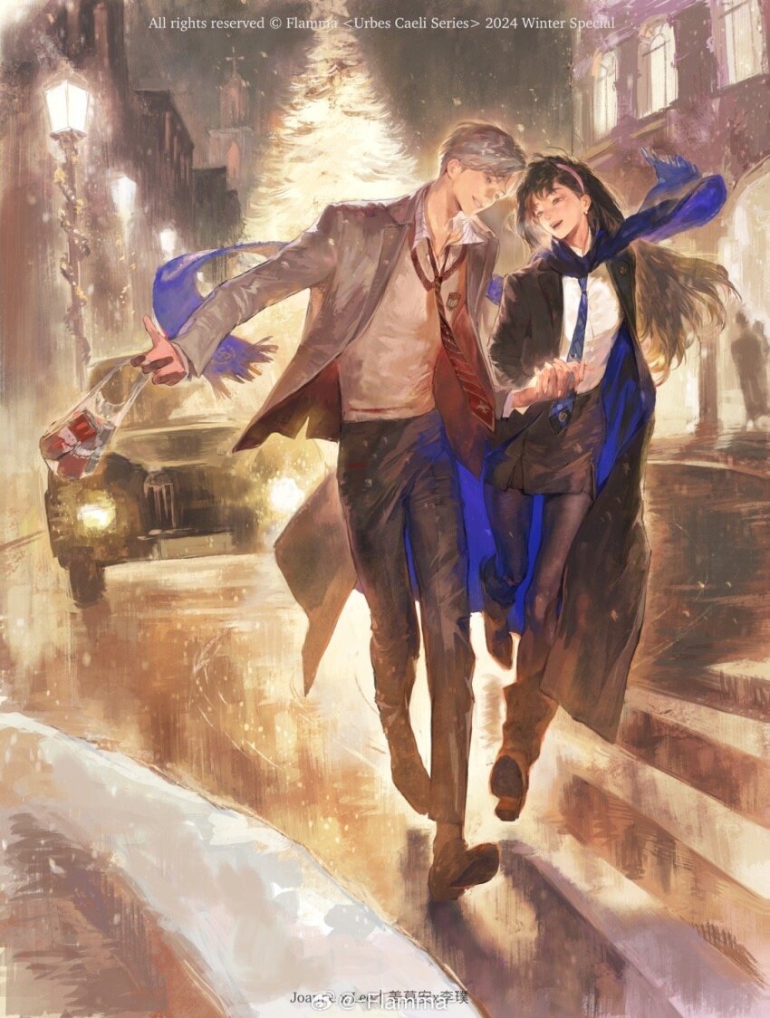 1boy, 1girl, blazer, blush, christmas, couple, flamma_(immortalemignis), highres