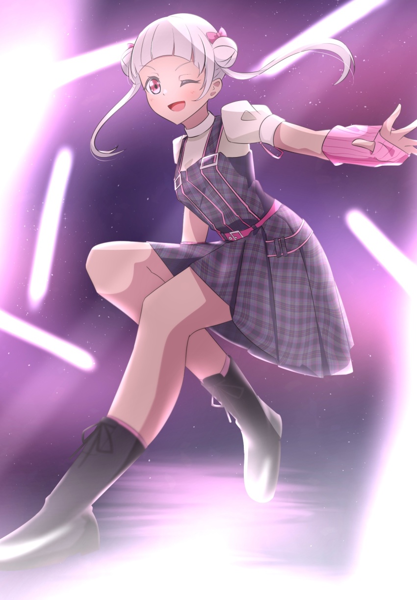 1girl, ;d, arashi_chisato, arched_bangs, arm_warmers, black_boots, blush, boots