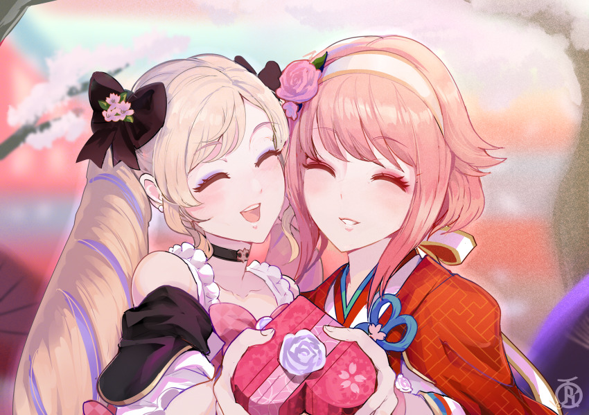 2girls, blonde_hair, bow, box, cherry_blossoms, closed_eyes, dress, drill_hair, elise_(fire_emblem), elise_(valentine)_(fire_emblem), fire_emblem, fire_emblem_fates, fire_emblem_heroes, hair_bow, hairband, happy, heart-shaped_box, highres, japanese_clothes, kimono, looking_at_viewer, multiple_girls, nintendo, official_alternate_costume, open_mouth, pink_hair, revolverwing, sakura_(fire_emblem), sakura_(valentine)_(fire_emblem), short_hair, smile, twin_drills, upper_body, valentine, white_hairband