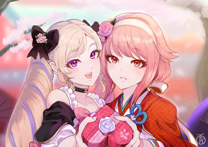 2girls, blonde_hair, bow, box, cherry_blossoms, dress, drill_hair, elise_(fire_emblem), elise_(valentine)_(fire_emblem), fire_emblem, fire_emblem_fates, fire_emblem_heroes, hair_bow, hairband, heart-shaped_box, highres, japanese_clothes, kimono, looking_at_viewer, multiple_girls, nintendo, official_alternate_costume, open_mouth, pink_hair, purple_eyes, red_eyes, revolverwing, sakura_(fire_emblem), sakura_(valentine)_(fire_emblem), short_hair, smile, twin_drills, upper_body, valentine, white_hairband