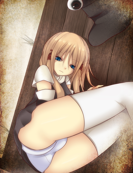 1girl, ass, bad_id, bad_pixiv_id, blonde_hair, blue_eyes, detached_sleeves, female_focus