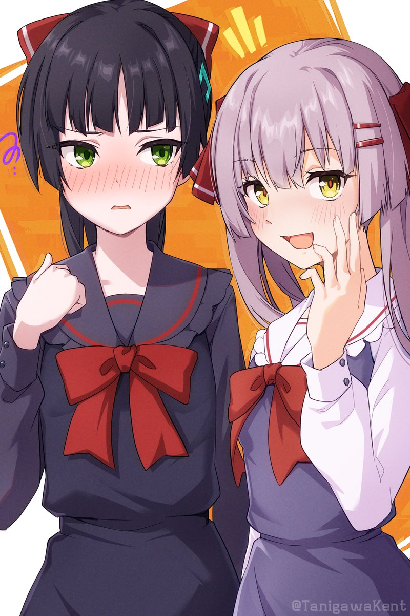 2girls, alternate_costume, black_hair, blunt_bangs, blush, bow, collarbone, green_eyes