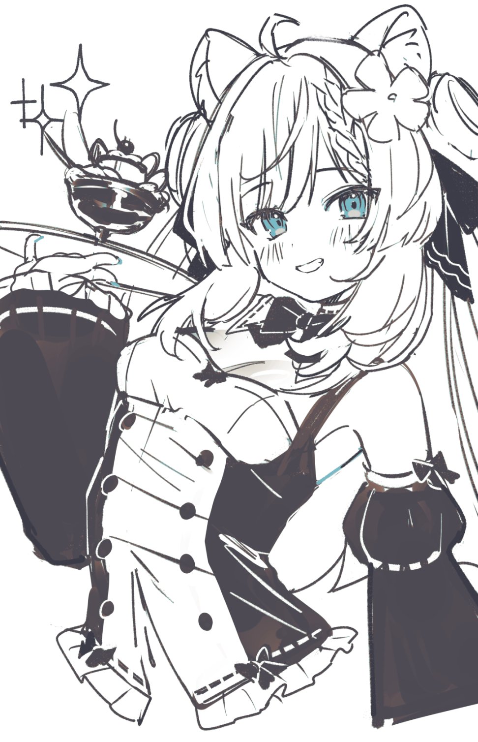 1girl, ahoge, animal_ear_fluff, animal_ears, bare_shoulders, black_bow, black_bowtie, blue_eyes