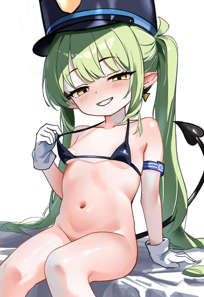 1girl, absurdres, armband, bed, bed_sheet, bikini, bikini_pull, bikini_top_only, bikini_top_pull, black_bikini, black_bra, black_hat, black_tail, blue_archive, blue_armband, blush, bra, bra_pull, breasts, clothes_pull, collarbone, cunvaroy, demon_tail, earrings, gloves, green_hair, green_halo, grin, half-closed_eyes, halo, hat, highres, jewelry, loli, long_hair, looking_at_viewer, mesugaki, nozomi_(blue_archive), on_bed, open_mouth, peaked_cap, pointy_ears, pulling_own_clothes, self-upload, simple_background, single_earring, small_breasts, smile, smug, solo, stomach, swimsuit, tail, twintails, underwear, white_background, white_gloves, yellow_eyes