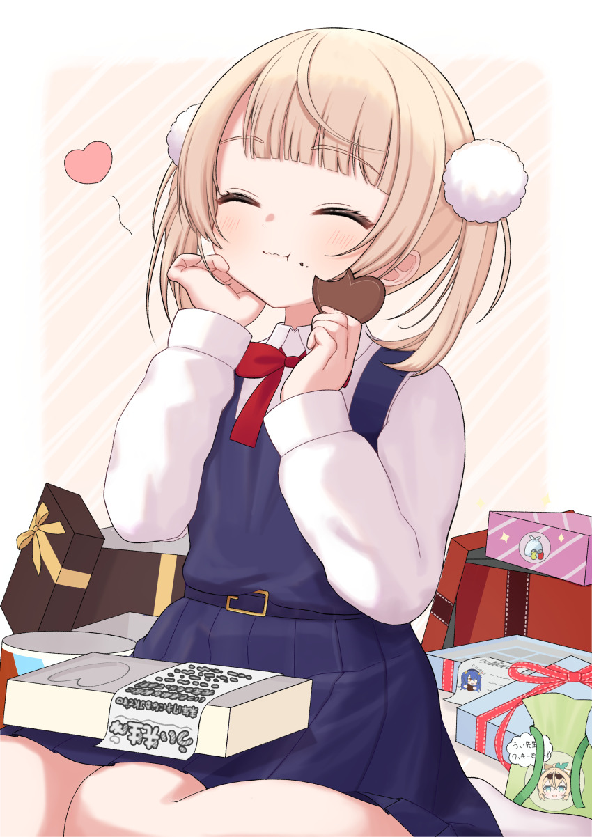 1girl, absurdres, aged_down, alpha-ikanago, blonde_hair, blue_dress, blush, chocolate, closed_eyes, closed_mouth, dress, eating, food, hair_ornament, heart, highres, holding, holding_chocolate, holding_food, indie_virtual_youtuber, pom_pom_(clothes), pom_pom_hair_ornament, shigure_ui_(vtuber), shigure_ui_(young)_(vtuber), shirt, short_hair, smile, solo, virtual_youtuber, white_shirt
