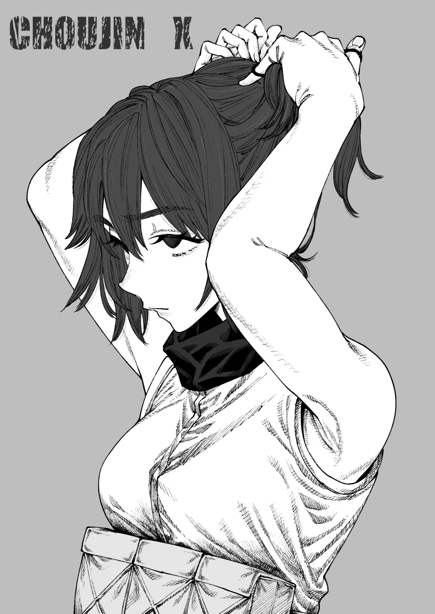 1girl, absurdres, armpits, black_hair, breasts, choujin_x, greyscale, highres