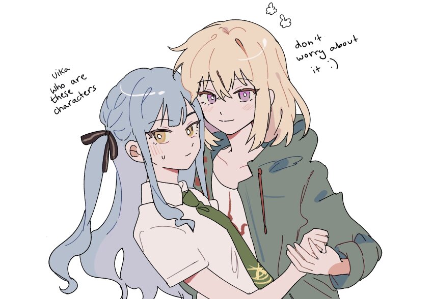 2girls, absurdres, bang_dream!, bang_dream!_it's_mygo!!!!!, black_ribbon, blonde_hair, blue_hair, blush