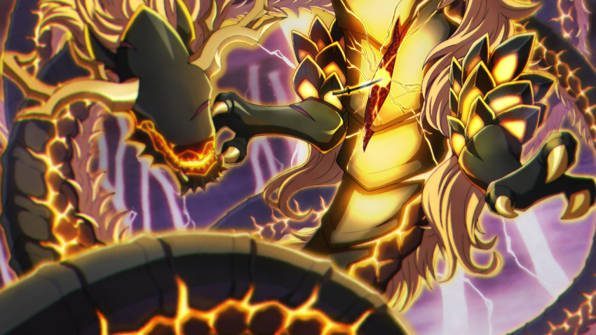 aradama_(toji_no_miko), claws, dragon, dragon_horns, electricity, game_cg, horns, kai_(toji_no_miko), katana, monster, monster_focus, no_humans, non-web_source, sword, toji_no_miko, toji_no_miko:_kizamishi_issen_no_tomoshibi, weapon