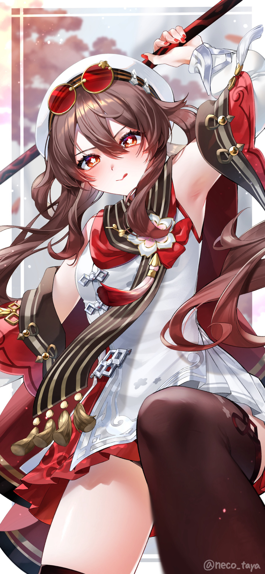 1girl, absurdres, arm_up, armpits, beret, black_thighhighs, blurry, blurry_background, brown_hair, detached_sleeves, eyewear_on_head, flower-shaped_pupils, genshin_impact, hair_between_eyes, hat, highres, holding, holding_weapon, hu_tao_(cherries_snow-laden)_(genshin_impact), hu_tao_(genshin_impact), long_hair, long_sleeves, looking_at_viewer, neco_taya, official_alternate_costume, red_eyes, red_nails, red_skirt, round_eyewear, skirt, symbol-shaped_pupils, thighhighs, tongue, tongue_out, twitter_username, weapon, white_hat
