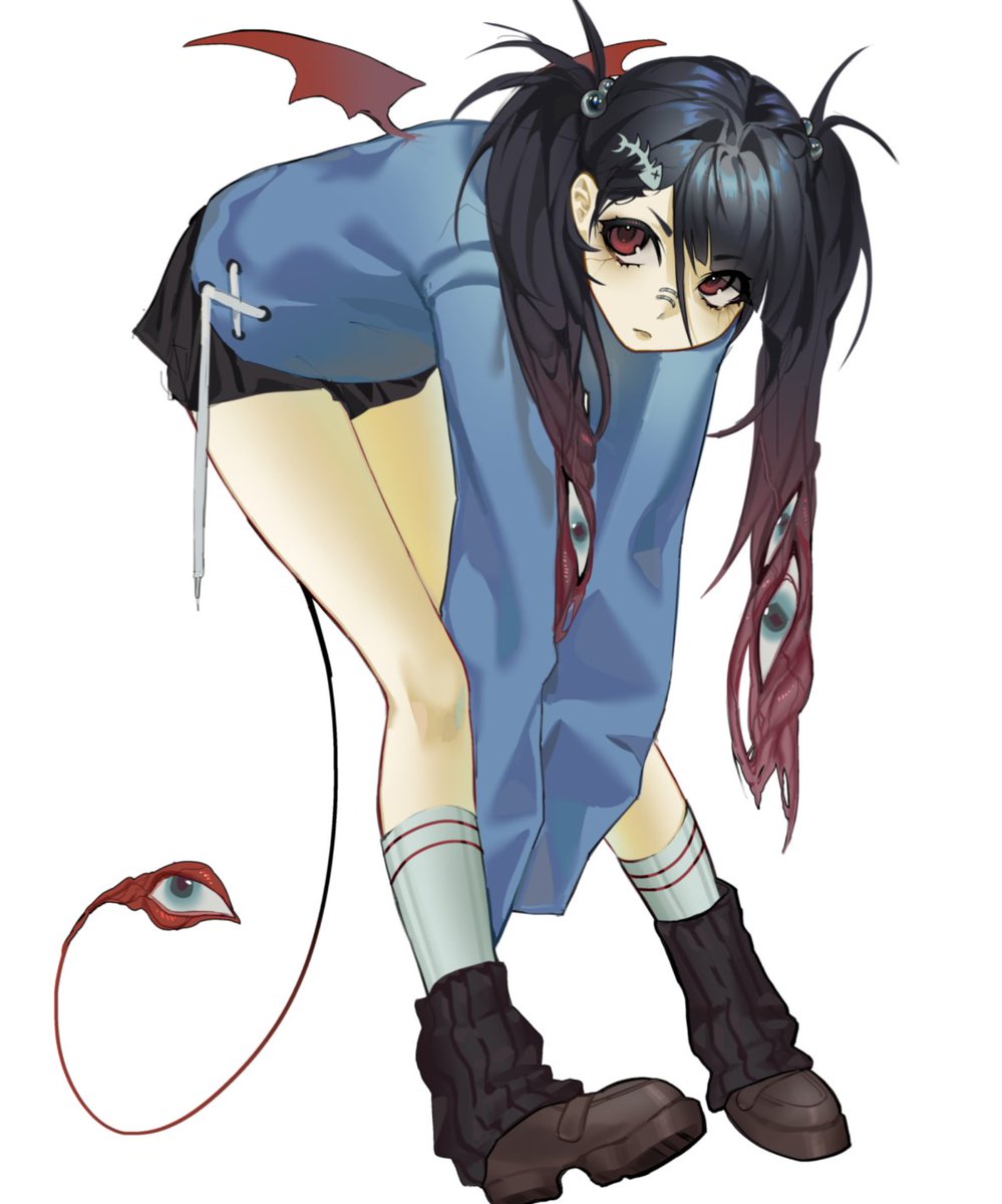 black_hair, bridge_piercing, demon_girl, demon_wings, eyeball_hair_ornament, face_piercing, fish_skeleton_hair_ornament, gradient_hair, highres, leg_warmers, meat_hair, multicolored_hair, nose_piercing, original, piercing, rumi_(cytrumi), socks, tail, twintails, veins, wings