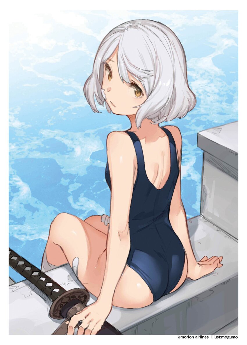 1girl, arm_support, back, bandage_on_leg, bandaid, bandaid_on_leg, bare_arms, bare_legs