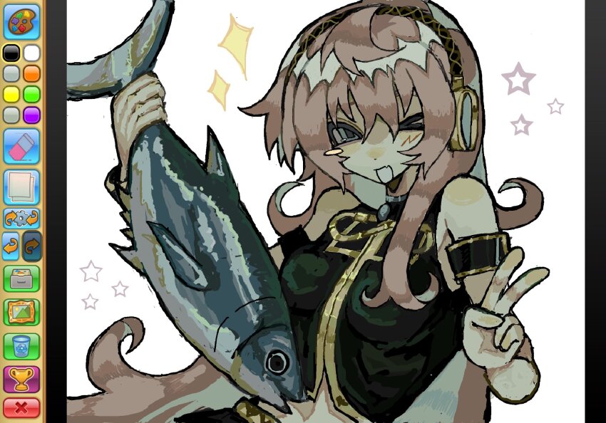 >_o, 1girl, animal, animal_jam, armlet, art_program_in_frame, blue_eyes, blush_stickers, crop_top, fang, fish, headphones, highres, holding, holding_animal, jewelry, long_hair, megurine_luka, midriff, one_eye_closed, pale_skin, pink_hair, reinddeer, skin_fang, smile, solo, sparkle, star_(symbol), upper_body, v, vocaloid, white_background