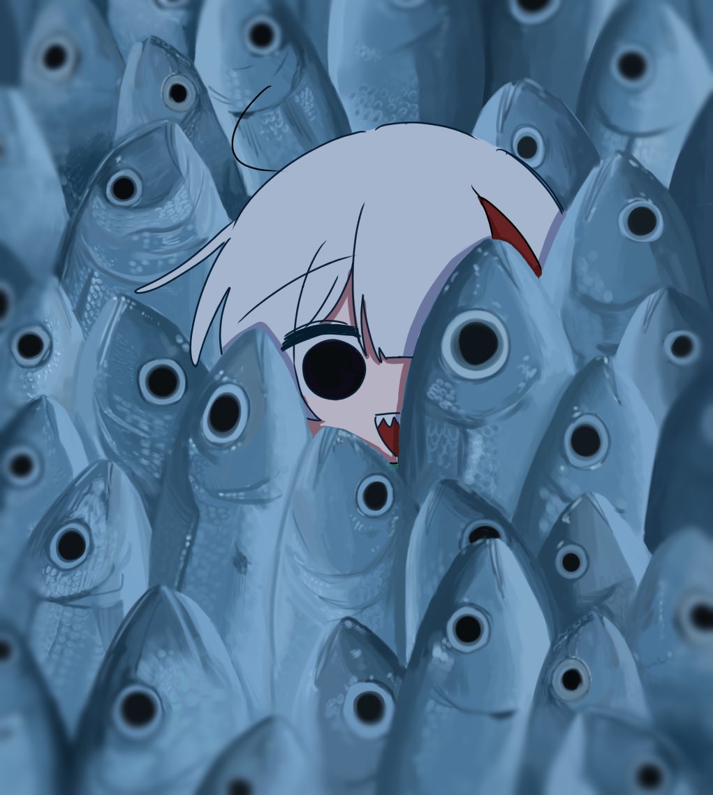 1girl, black_eyes, cowlick, fish, grey_hair, looking_at_viewer, multicolored_hair, one_eye_covered, open_mouth, original, pale_skin, sanpaku, sharp_teeth, short_hair, smile, solo, streaked_hair, tanaka313, teeth, upper_teeth_only