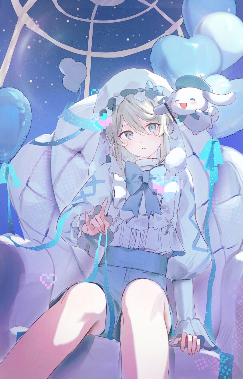 1boy, balloon, blonde_hair, blue_bow, blue_eyes, bow, chair, cinnamoroll