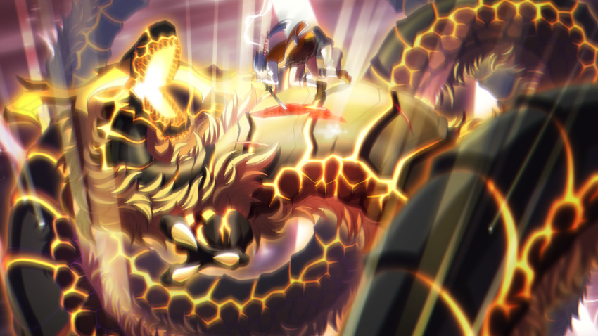 1girl, aradama_(toji_no_miko), battle, blue_hair, blurry, brown_skirt, claws, cuts, dragon, dragon_horns, electricity, game_cg, glowing, holding, holding_sword, holding_weapon, horns, injury, jacket, kai_(toji_no_miko), katana, long_hair, long_sleeves, monster, non-web_source, open_mouth, orange_jacket, osafune_girls_academy_school_uniform, school_uniform, setouchi_chie, skirt, solo, stab, sword, toji_no_miko, toji_no_miko:_kizamishi_issen_no_tomoshibi, weapon, winter_uniform