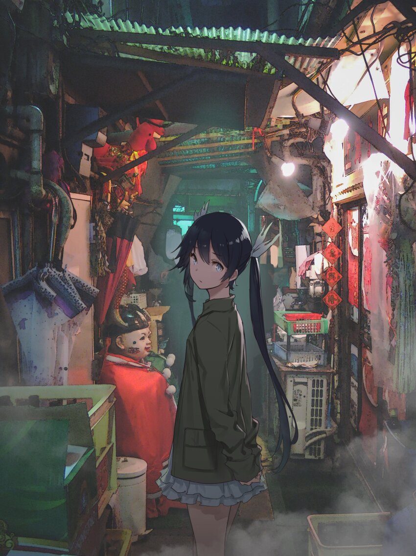 1girl, absurdres, alley, arms_behind_back, basket, black_hair, blue_eyes, condenser_unit